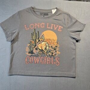 Thirty Single Womens Gray Long Live Cowgirls Rhinestone Graphic Tee  Juniors M